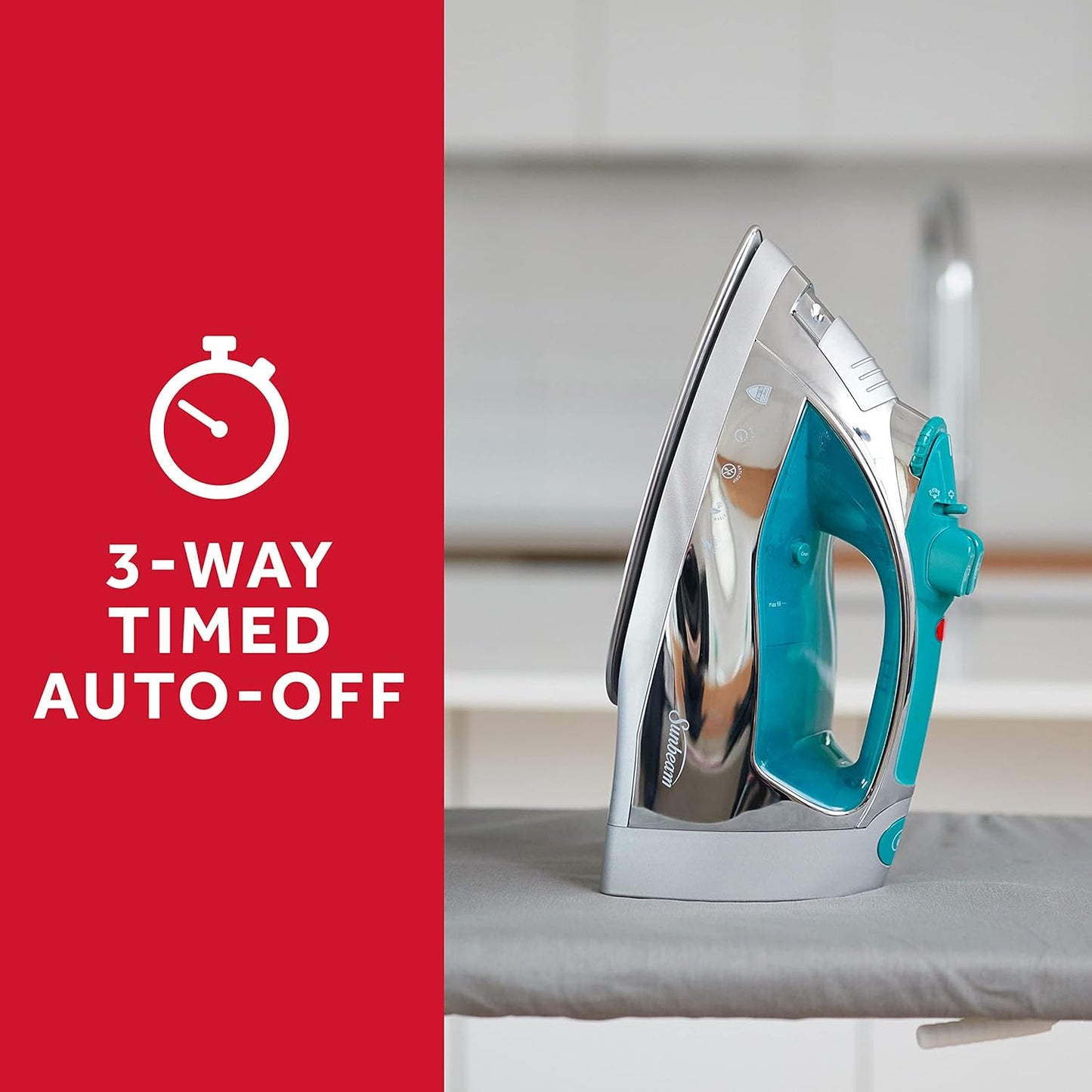 Sunbeam Steammaster 1400 Watt Iron with 8' Retractable Cord, Large Anti-Drip Nonstick Stainless Steel Soleplate, Horizontal or Vertical Shot of Steam and 3-Way Auto Shut-Off, Chrome/Teal