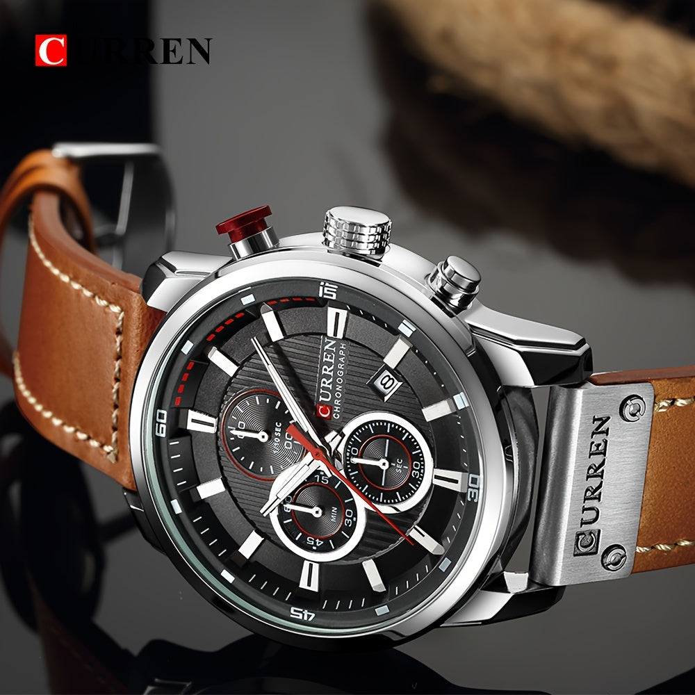 Men's Sports Watch With Multiple Functions, PU Leather Strap, And Automatic Date Display