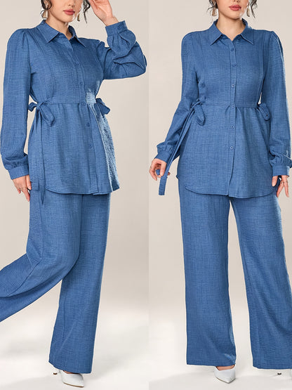 Stylish and Elegant Casual Two-Piece Women's Outfit with Side Tie Single-Breasted Shirt and Wide-Leg Pants for Office Wear