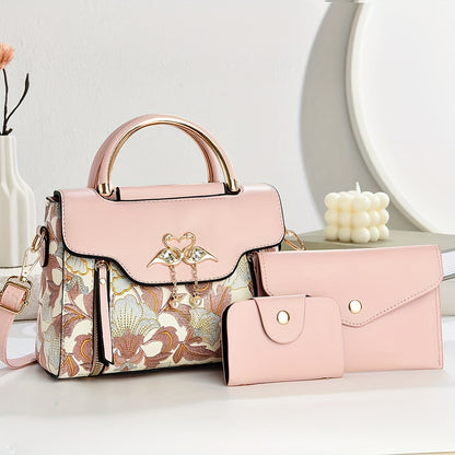 Կանացի պայուսակների հավաքածու՝ երեք հատից բաղկացած. տպագիր ուսի պայուսակներ, ոճային ձեռքի պայուսակներ և բազմակողմանի ուսապարկեր՝ մարմնին կպցնելու համար