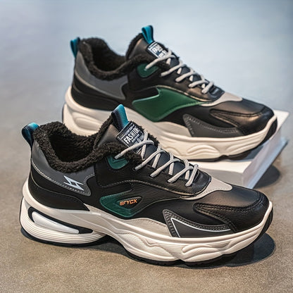 Men's Winter Sneakers with Plush Collar - Beige/Grey/Green PU Upper, Thick Rubber Sole & Traction Tread - Low-Top Lace-Up Warm Shoes for Cold Weather, Casual & Sports (White Accent)