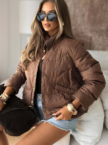 's Elegant Short Winter Jacket - Brown Full-Zip Coat with Golden-Tone Button Closure, Machine Washable Outerwear for Fall & Winter, Casual to Formal Wear (White/Pink/Black/Navy/ Brown) - Jacket Only