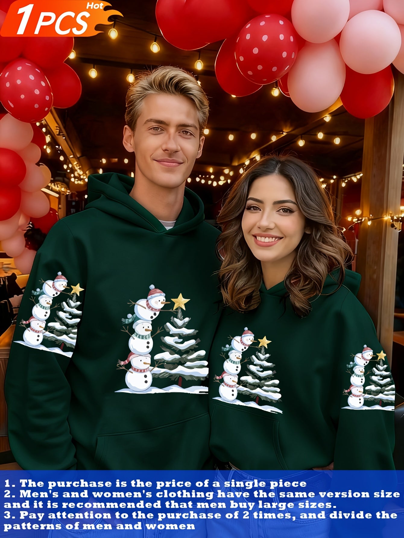 1pc Couple Matching Snowman Christmas Tree Print Oversized Hooded Sweatshirt, New Arrival Valentine'S Day Outfit, Casual Elegant Stretchy Fiber Fabric, Fleece Lined Soft Warm Long Sleeve Top For Sports, Travel & All-season We