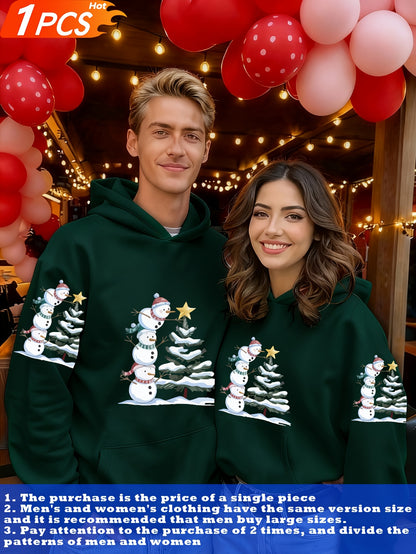 1pc Couple Matching Snowman Christmas Tree Print Oversized Hooded Sweatshirt, New Arrival Valentine'S Day Outfit, Casual Elegant Stretchy Fiber Fabric, Fleece Lined Soft Warm Long Sleeve Top For Sports, Travel & All-season We