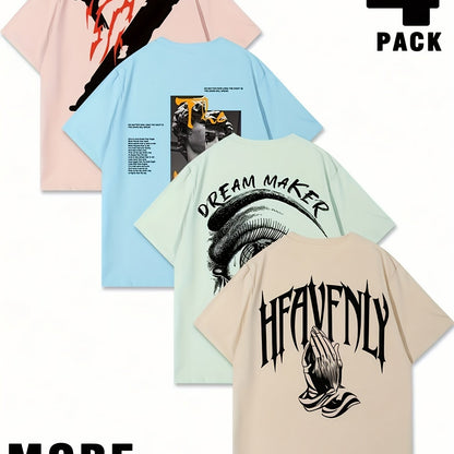 Set of 4 Men'S Graphic T-Shirts - Featuring Designs Like 'Heavenly', Casual Round Neck Short Sleeves Made of Lightweight Polyester, Perfect for Summer Outdoor Wear, a Great Gift for Family.