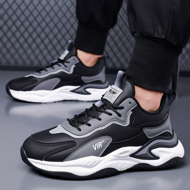 Men's Stylish Color-Block Sneakers - Black  Gray with White Accents, Comfortable All-Day Wear, Durable Rubber Sole, Lace-Up Design, Trendy Low-Top Style for Casual or Athletic Use, Casual Sneakers   Fashion Sneakers   Pu Mat