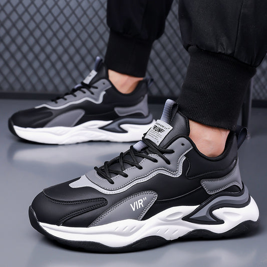Men's Stylish Color-Block Sneakers - Black  Gray with White Accents, Comfortable All-Day Wear, Durable Rubber Sole, Lace-Up Design, Trendy Low-Top Style for Casual or Athletic Use, Casual Sneakers   Fashion Sneakers   Pu Mat
