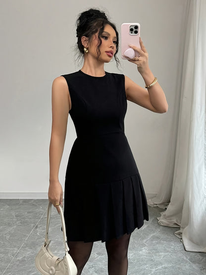 A Black Sleeveless Solid Color Ruffled Mini Dress for Women, Perfect for Birthdays, Parties, And Cocktail Events.