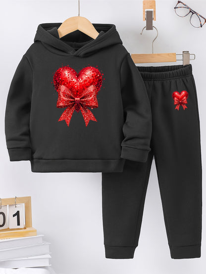 Girls' Autumn and Winter Thickened Hoodie Sports Two-Piece Set, Red Heart Bow Print Hoodie + Pants Outfit, Soft Light Beige-Friendly Fabric, Comfortable Warm Non-Shedding, Suitable for Outdoor Play, School, Holiday Gatherings