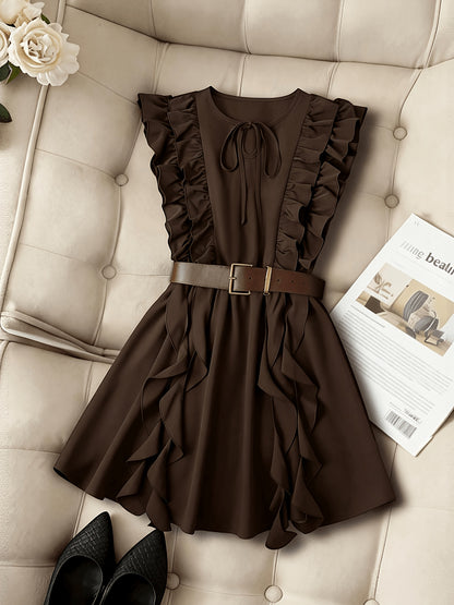 Vintage Waist-Cinching Solid Ruffle Mini Dress for Women