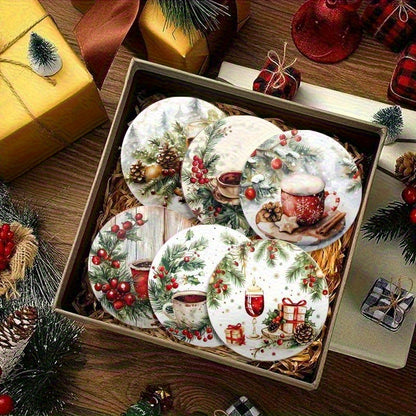 6pcs Holiday Wooden Coaster Set- Christmas and Holiday Themes, Suitable for Kitchen, Living Room, and Patio Tables- Perfect Holiday Gift, Christmas Decoration, Festive Tableware, Holiday Decor, Themed Coasters, Seasonal Desig