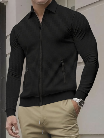 Men'S Lightweight Waffle-Knit Zip-Up Jacket - Casual Long Sleeve with Pockets, Loose Fit for Spring & Fall, Gray, Perfect for Outdoor Activities, Running, and Evening Outings, Spring Fall Clothing | Waffle Texture | Durable C