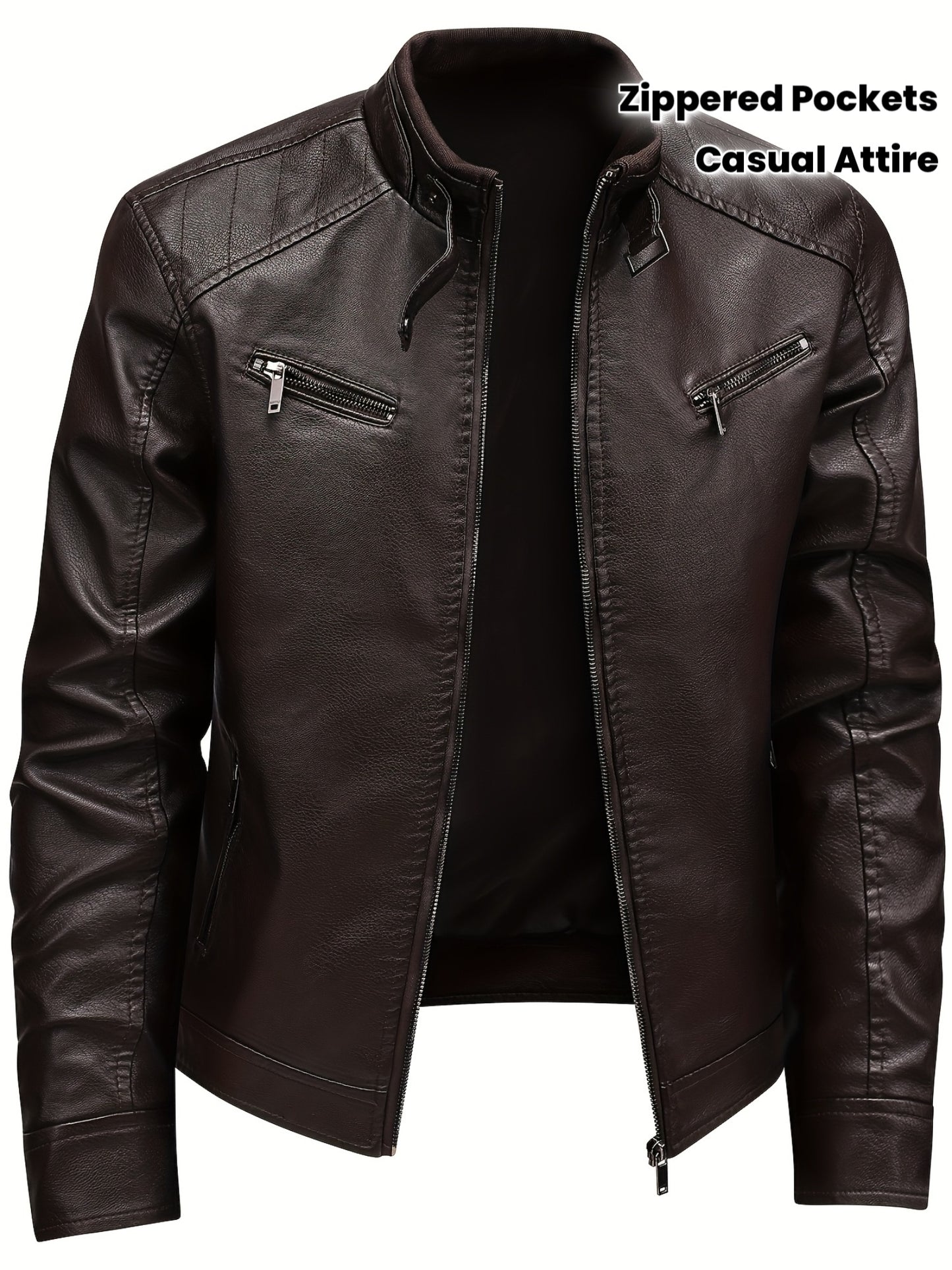 Men's Stylish Burgundy Jacket - Fall/Winter Trendy Stand Collar Biker Jacket with Multiple Zippered Pockets, Casual Design for Casual Attire, Fall Jacket | Modern Casual Jacket | Glossy Finish Jacket - ayq