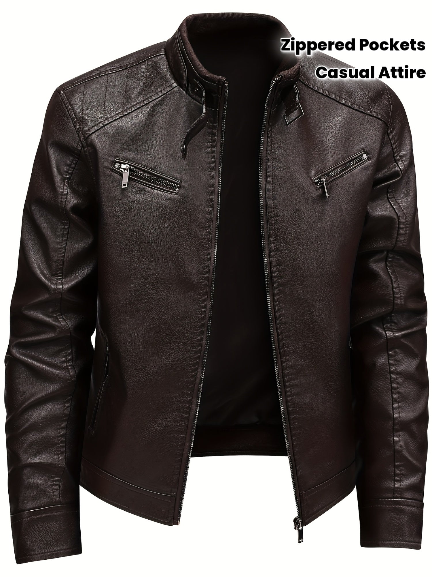 Men's Stylish Burgundy Jacket - Fall/Winter Trendy Stand Collar Biker Jacket with Multiple Zippered Pockets, Casual Design for Casual Attire, Fall Jacket | Modern Casual Jacket | Glossy Finish Jacket - ayq
