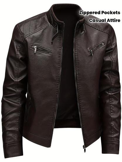 Men's Stylish Burgundy Jacket - Fall/Winter Trendy Stand Collar Biker Jacket with Multiple Zippered Pockets, Casual Design for Casual Attire, Fall Jacket | Modern Casual Jacket | Glossy Finish Jacket - ayq