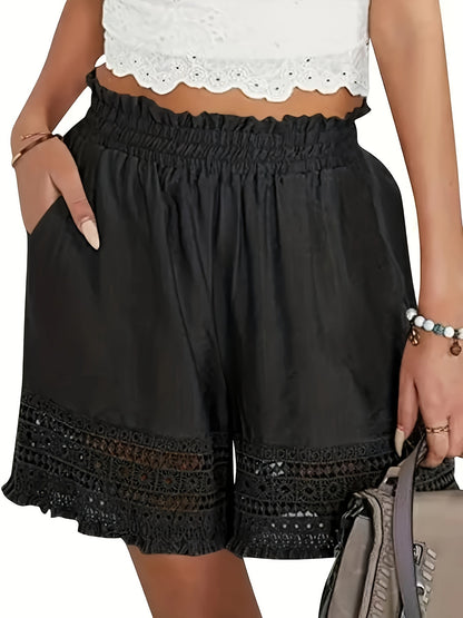 Solid Tassel Hem Loose Shorts, Vacation Paper Bag Waist Summer Shorts, Women's Clothing