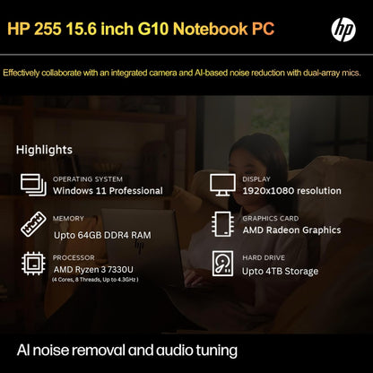 HP 255 G10 Laptop for Home or Work, 16GB RAM, 1TB SSD, 15.6" Full HD, Ryzen 3 7330U (Beat Intel I5-1135G7), HDMI, USB-C, Windows 11 Pro, Business and Fun Ready