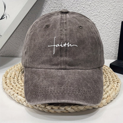 Vintage Street Style Water Wash Denim Polyester Baseball Cap, Faith Print, for Men, Women