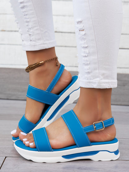 Mhysa Women's Comfortable Open-Toe Platform Sandals with Thick Sole & Golden Buckle Strap - Summer Casual White PU Cover Ankle Strap Sandals for Casual Attire, Ladies Sandals