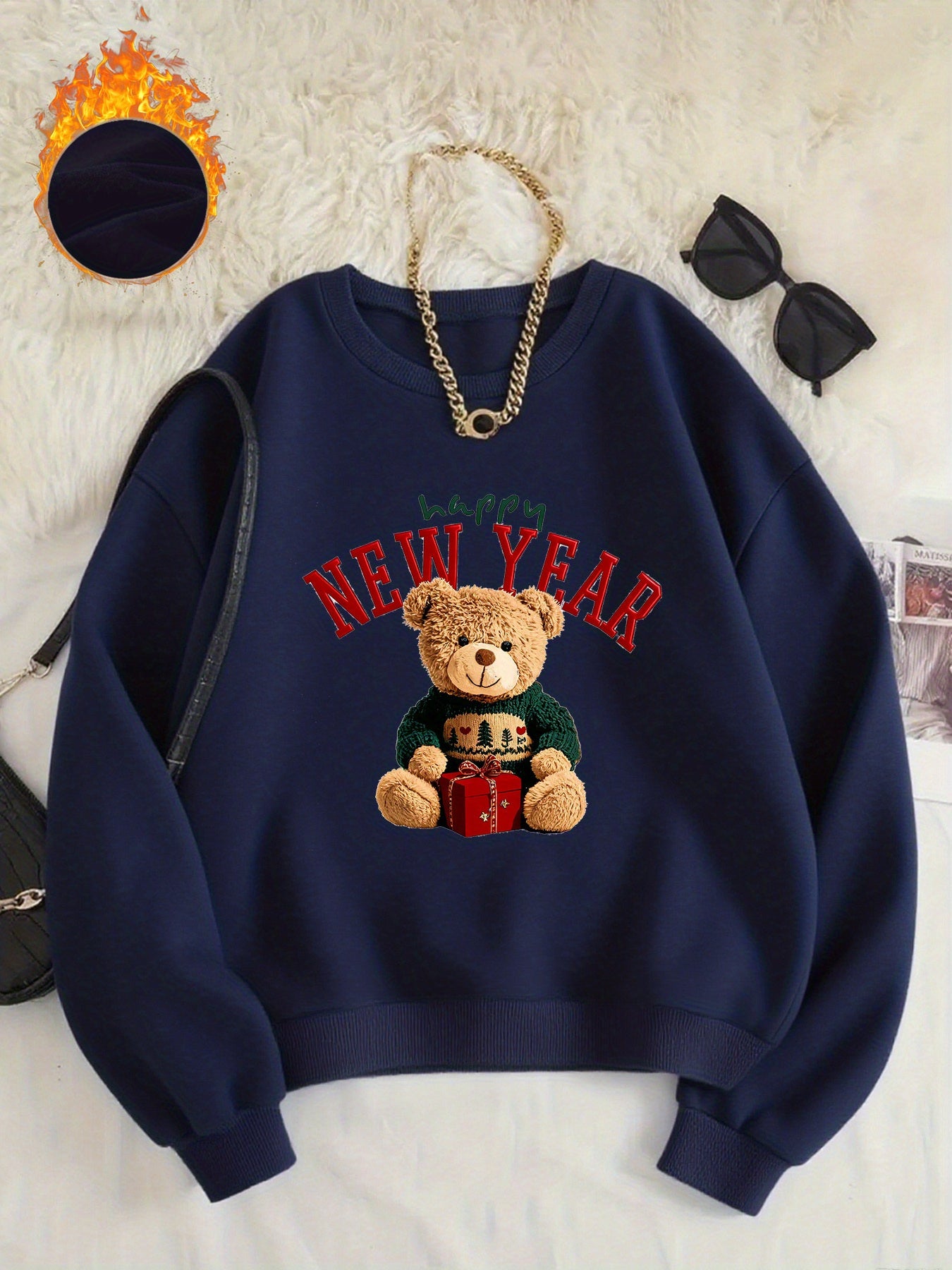 -Lined Women's Crewneck Pullover, Casual Printed Versatile Sweatshirt, Multiple Colors Available