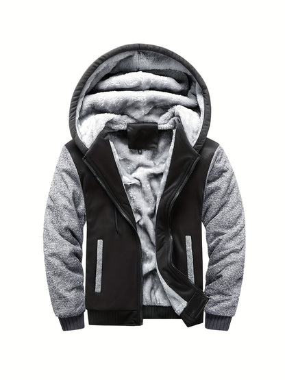 Color Block Sherpa Lined Men's Hooded Jacket, Casual Long Sleeve Hoodies With Zipper, Gym Sports Hooded Coat For Winter Fall
