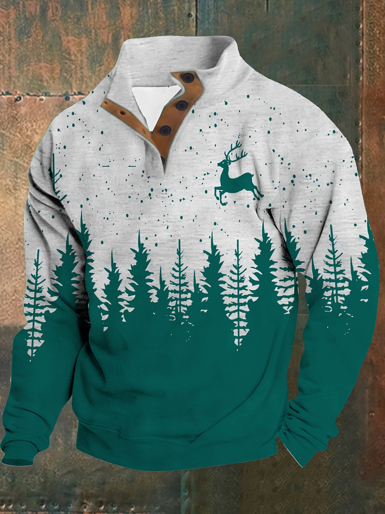 Men'S Plus Size Long Sleeve Henley Shirt with Forest & Deer Application, 100% Polyester Knit Fabric, Regular Fit Sporty & Party Top with Collared Neck and Slight Stretch - Printed Design