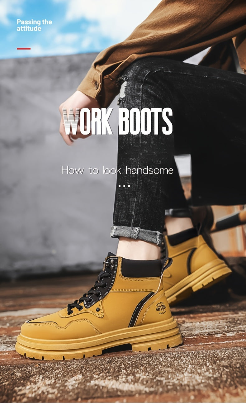 Men's Trendy Solid Ankle Boots, Comfy Non Slip Lace Up Durable Shoes for Men's Outdoor Activities