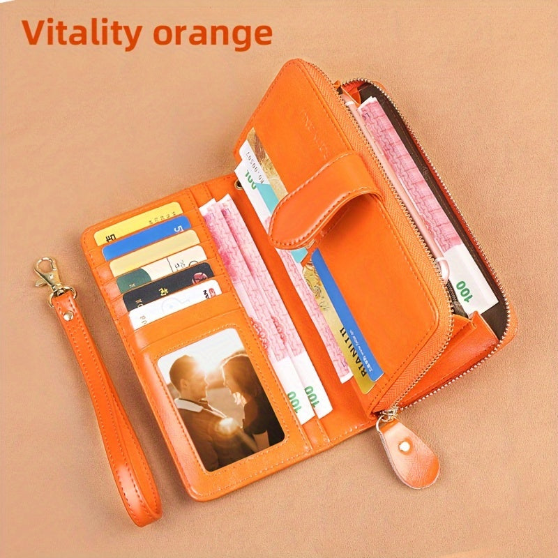 Two-Layer Cowhide Leather Clutch Wallet for Men & Women, Casual Large Capacity RFID Blocking Zippered Hand Purse with Transparent ID Slot and Anti-Theft Brush, Versatile for Going Out