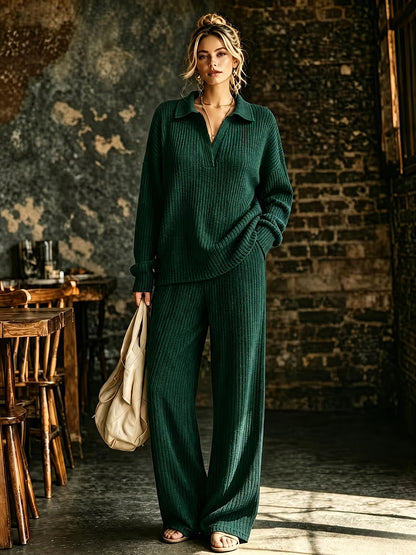 Women's Solid Color V-Neck Long Sleeve Top & Pants Set