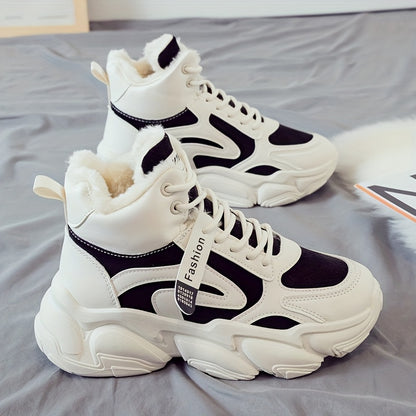 Women's Plush Fleece-Lined High-Top Sneakers - Thick-Soled Winter Warm Lace-Up Shoes with PU Upper & Cushioned PVC Sole, White/Black/Grey Chunky Dad Shoes (Cozy Round Toe) - Instagram Trendy Winter Footwear by I Trend