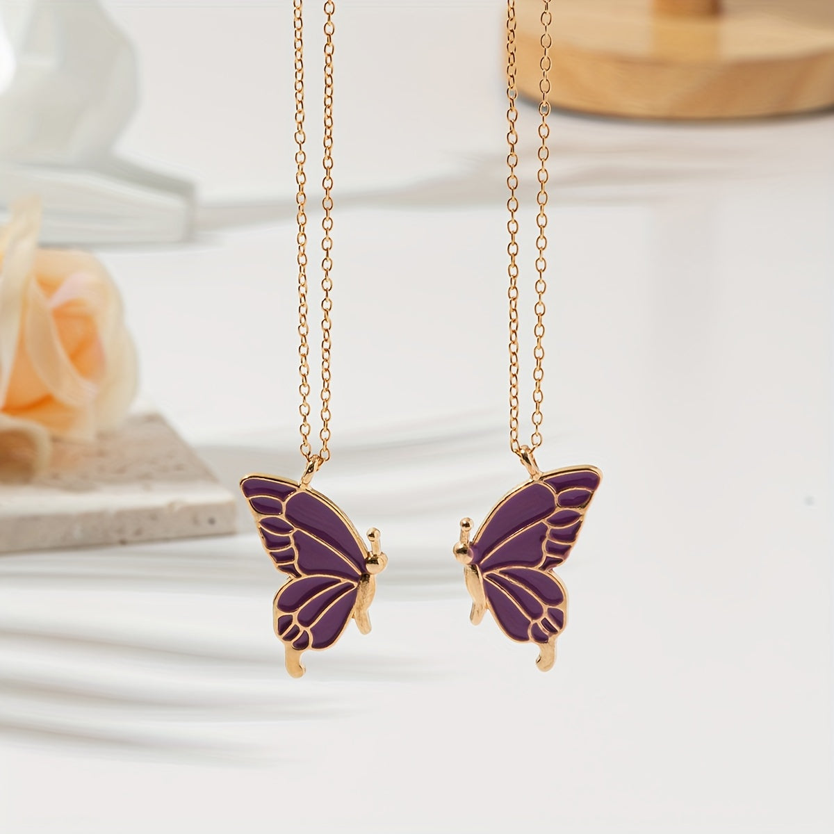 2pc Pink Color Butterfly Pendant Necklace Adjustable Zinc Alloy Neck Chain Jewelry For Couples
