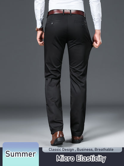 Men's Solid Pants With Pockets, Light Business Style Regular Fit Trousers For Outdoor Activities, Daily Wear For Spring And Autumn