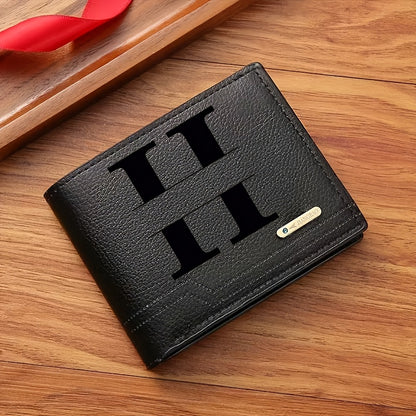 1pc Men's Business Style Faux Leather Wallet, Customizable Text and Initials, Solid Color Faux Leather with Contrast Accents, Compact Short Bifold Design for Easy Carrying - Perfect Birthday Gift for Boyfriend and Father, Per