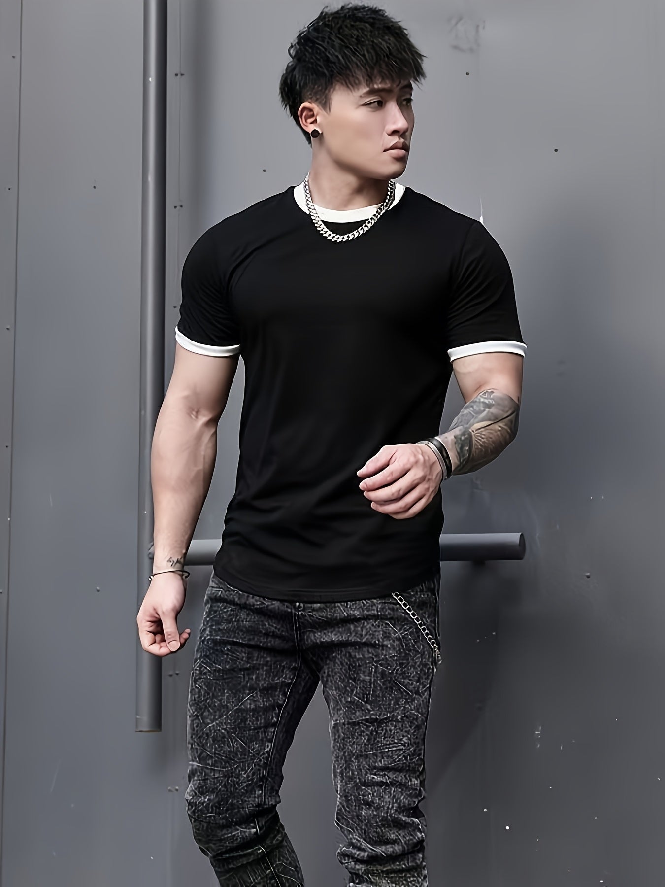 Men's Quick-Dry Athletic T-Shirt - High Elasticity, Breathable Polyester, Black with White Contrast Trim, Round Neck, Short Sleeves for Gym, Running & Basketball, Workout Clothing | Casual Sportswear | Polyester Fabric