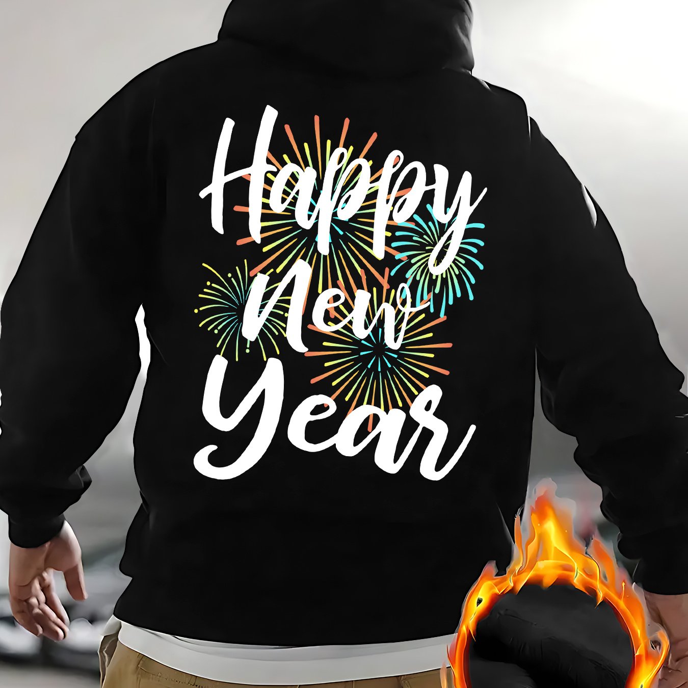 Men's New Year's Eve Fireworks Print Hooded Sweatshirt - Happy New Year Back Design with Adjustable Drawstring Hood, Loose Fit Streetwear Pullover, Warm Winter Casual Sweater for Parties & Casual Attire (Machine Washable), Re