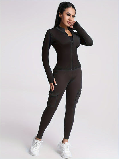 Women's Sleek Black Athletic Zip-Up Jacket - Comfortable Stretch Knit, Long Sleeve, Thumb Holes, Machine Washable - Perfect for Fitness & Casual Wear