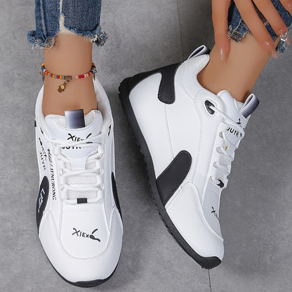 Women's Lightweight Breathable Low-Top Sneakers - White & Black Contrast Synthetic Cover & Fabric Upper, All-Season Casual Shoes with Cushioned Comfort & Durable Rubber Sole, Ladies Sneakers