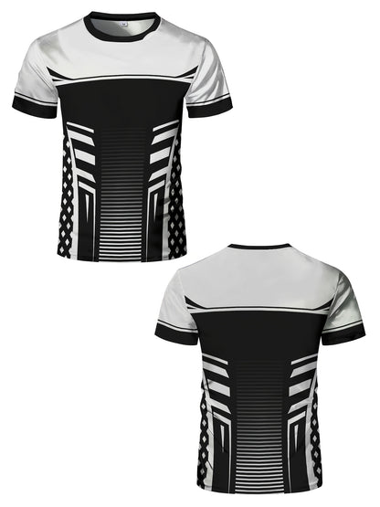 Geometric print high stretch skinny fit short sleeve crew neck T-shirt, quick-drying sports top for summer fitness, training and gym wear