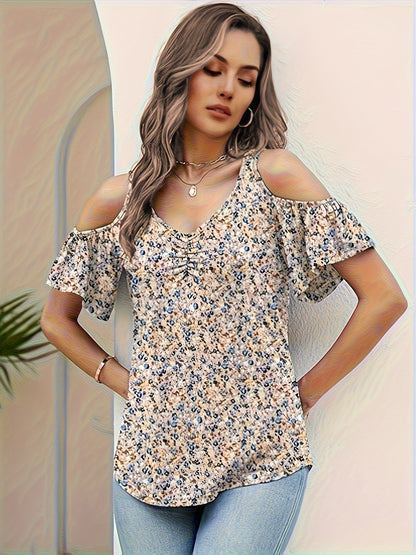 Women'S Summer V-Neck Pleated Floral Print Sexy Off-Shoulder T-Shirt
