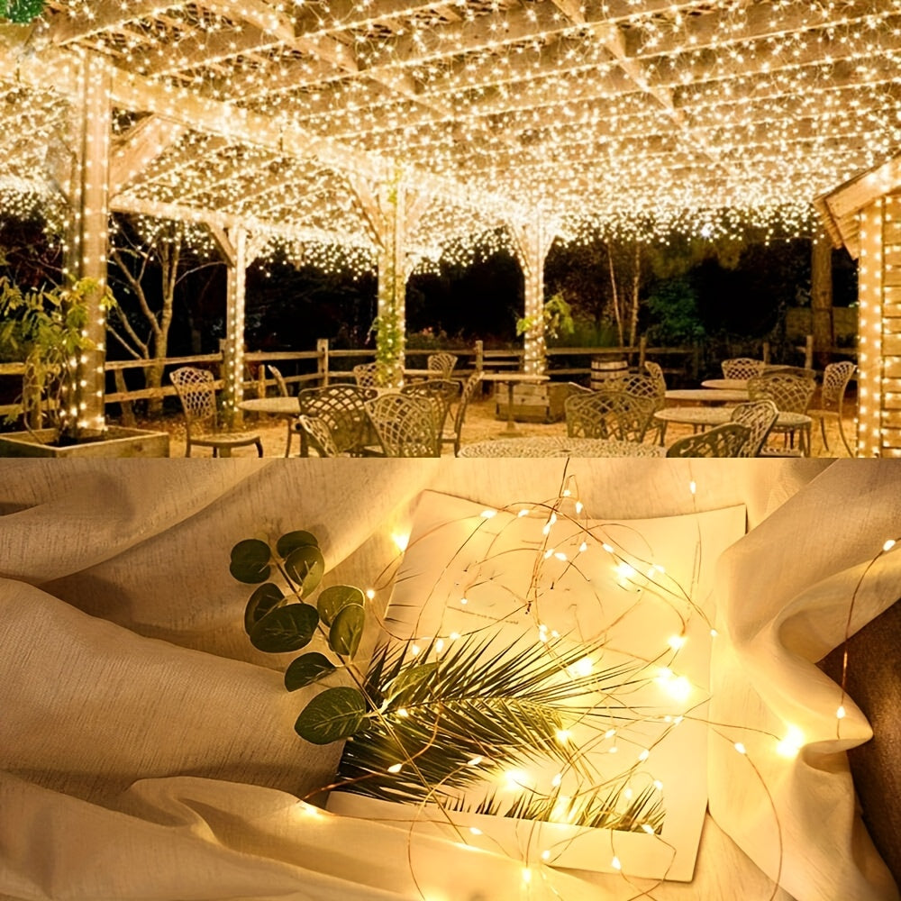 50/100 LED Christmas Fairy Lights Battery Operated 8 Modes String Lights Outdoor IPX6 Waterproof 4.88meter/10.06meter Silvery Battery Copper Wire Lights Camping lights Outdoor for Garden Patio Fence Party Decorations, Warm Wh