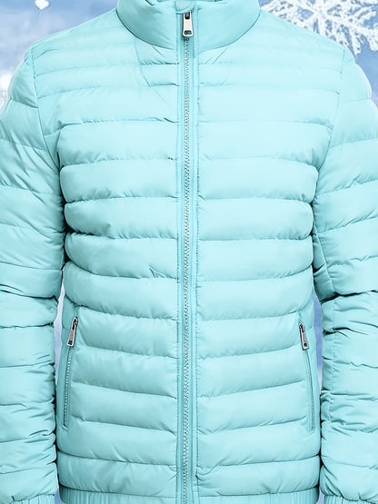 Men's Stand Collar Winter Jacket with Zipper and Fiber Filling