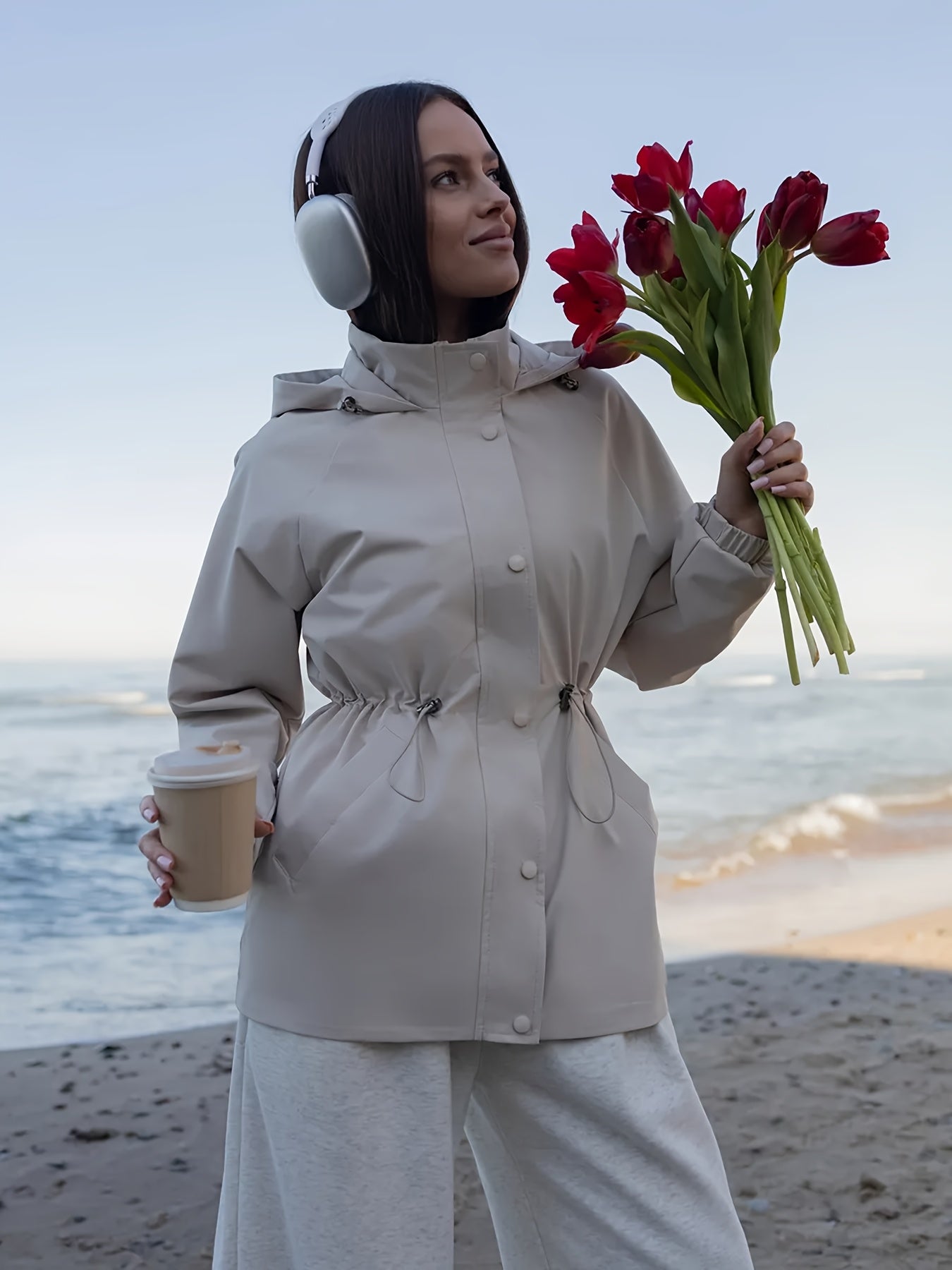 Աշնանային և ձմեռային կանացի նորաձև միագույն քամուց պաշտպանիչ բաճկոն