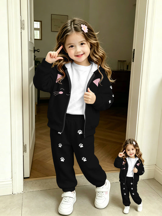 Girls' Casual Zip-Up Hoodie & Sweatpants Set with 3D Print - ayq