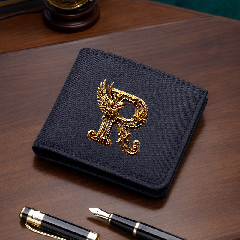 1pc Men's Short Canvas Initial Name Wallet, Zippered Denim Wallet for Men, Plain Ultra-Thin Letter Wallet for Men