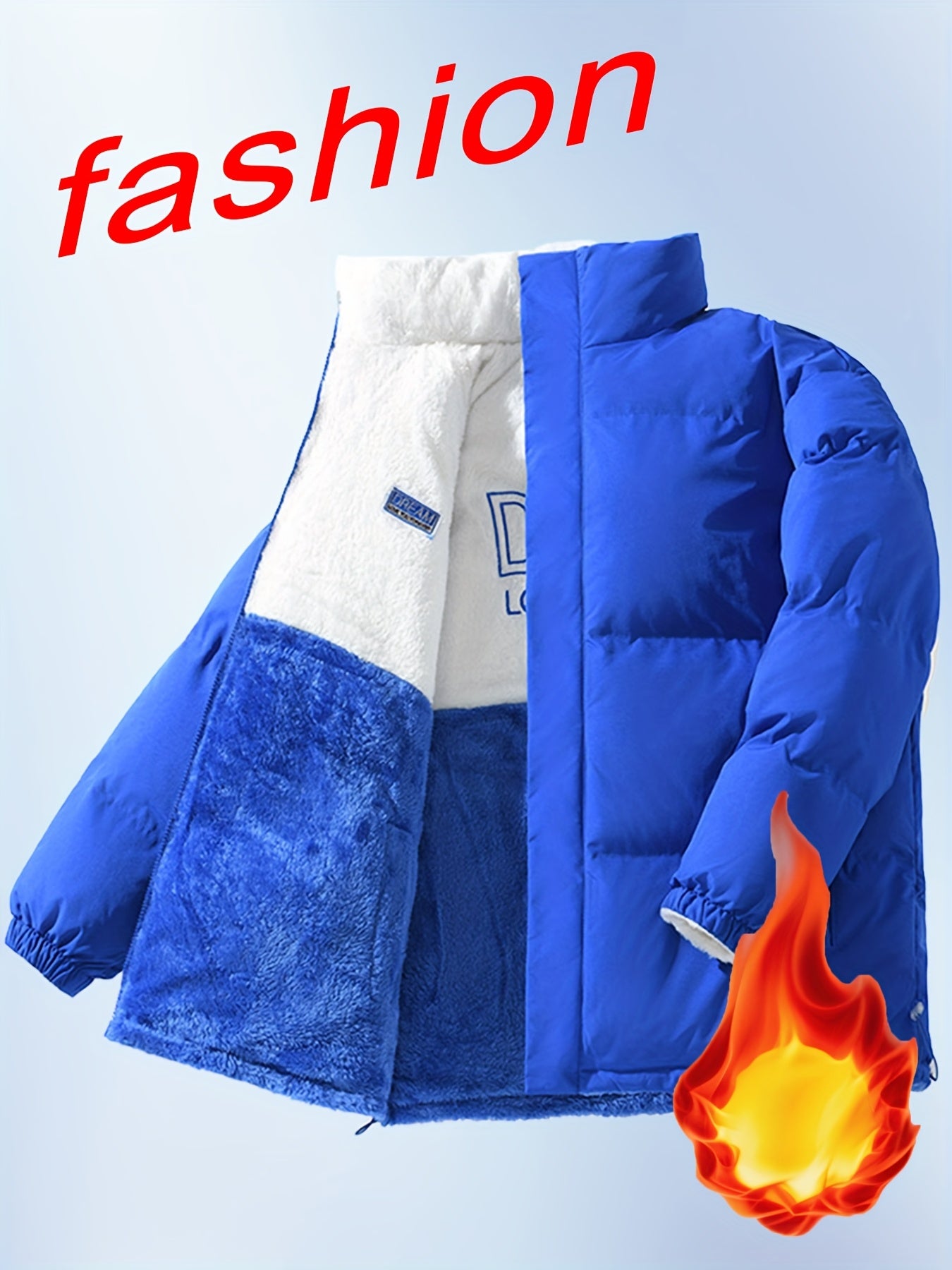 Տղամարդու երկկողմանի բրդյա ծածկույթով հաստ բաճկոն՝ առօրյա կանգնած օձիքով՝ տառերի տպագրությամբ, սովորական չափսերով, գրպաններով, պոլիեսթերային լցոնով, բազմակողմանի աշուն/ձմեռ համար, ձմեռային բաճկոն