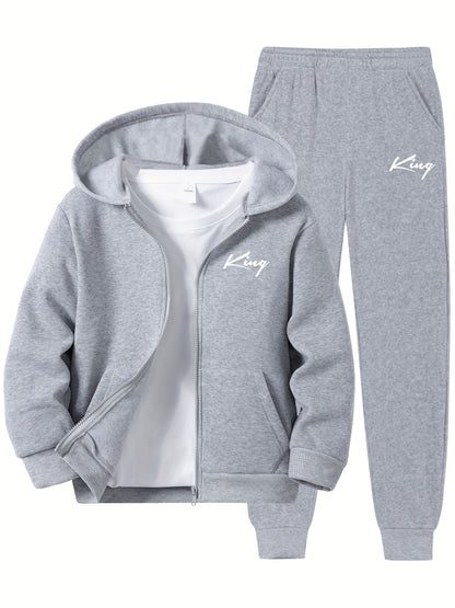 2pcs children's autumn and winter velvet zipper hooded shirt + pants, letter print boys' fashionable casual sports suit, suitable for jogging and daily wear