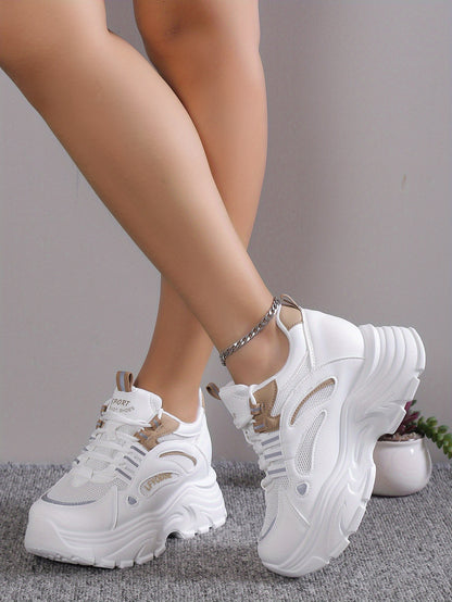 Women's Solid Color Mesh Sneakers, Lace Up Low-top Round Toe Heightening Thick Sole Trainers, Versatile Comfy Shoes