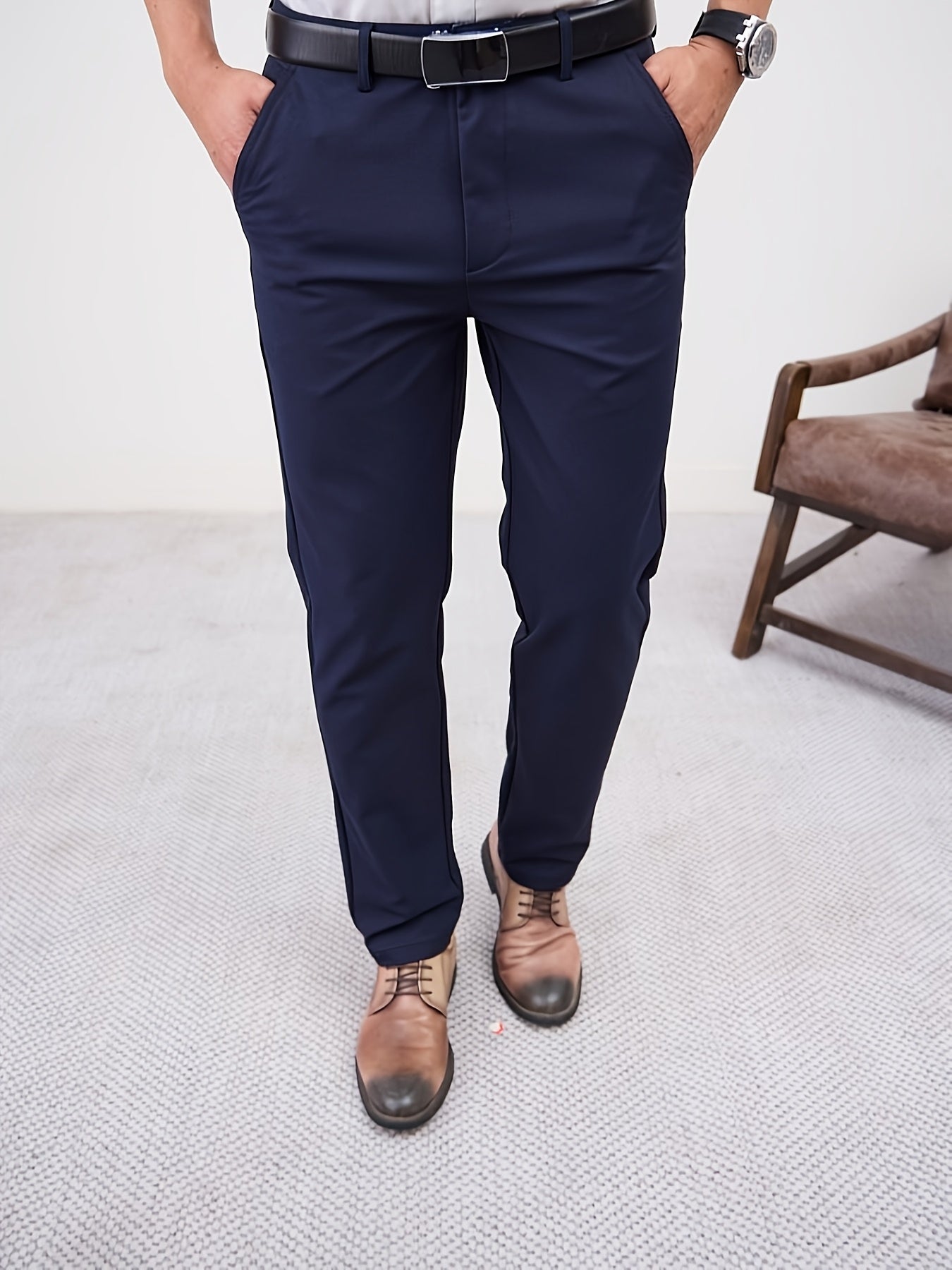Men'S Casual Solid Color Regular Length Slight Stretch Woven Fabric Pants for Adult