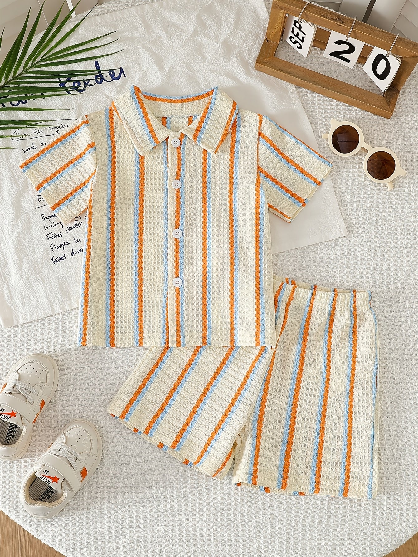 Boys' Summer Striped Waffle Knit Shirt & Shorts Set