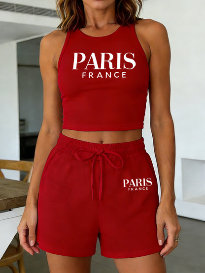 Casual Women's Two-Piece Vest and Shorts Set with Pattern Print